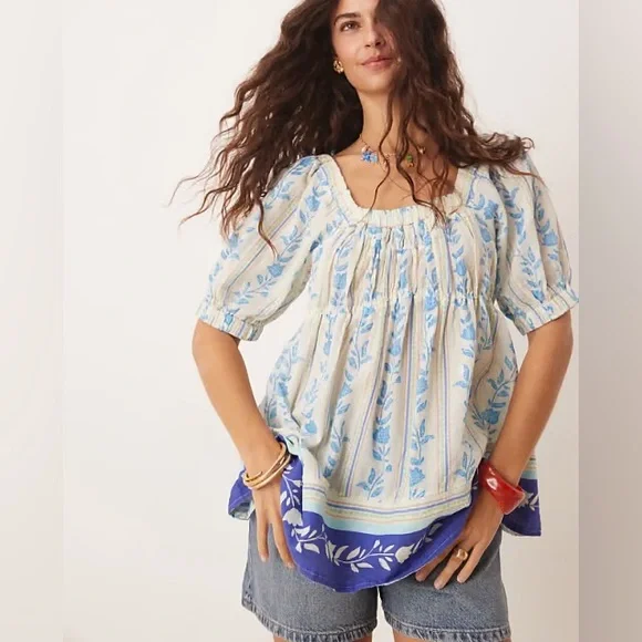 Free People Santorini Print Puff Sleeve Empire Waist Long Cotton Tunic Top NEW L - Picture 1 of 11